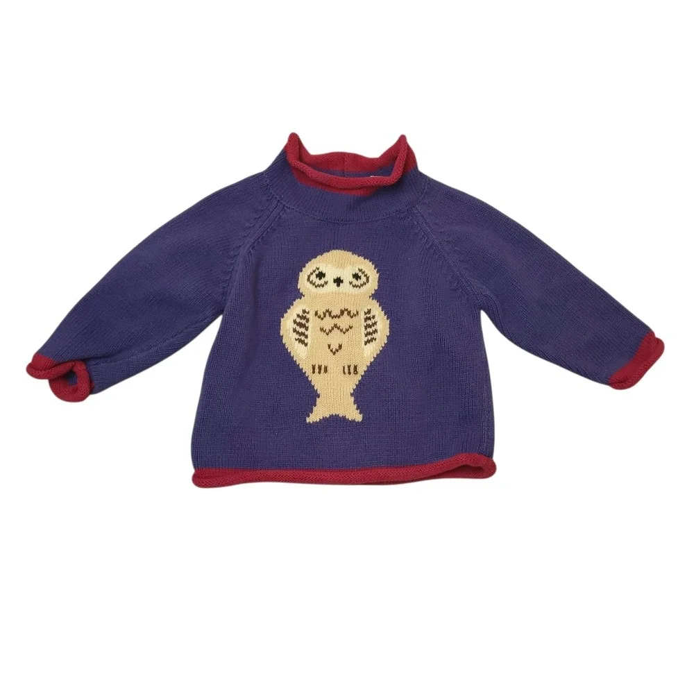 Vintage L.L. Bean Baby Owl Rollneck Sweater 6-12 Months Blue Red Knit Pullover